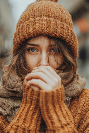 In a bustling winter setting, a young girl shields herself from the chill, her warm attire contrasting with the cold air as she looks thoughtfully ahead.の素材