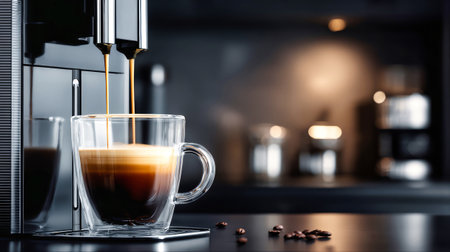 Rich coffee flows into a clear glass cup from a sleek coffee machine, creating a warm and inviting atmosphere in a modern kitchen.の素材