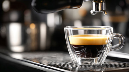 A skilled barista prepares a fresh cup of espresso at a bustling coffee shop in the morning. Steam rises as coffee brews beautifully into a glass cup.の素材