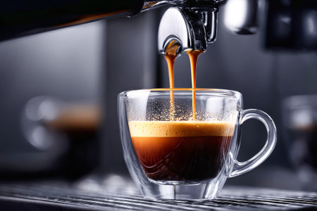 Espresso is being poured from a sleek coffee machine into a clear glass cup, showing the rich layers and golden crema, perfect for coffee lovers.の素材