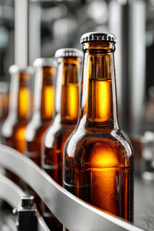 Amber beer bottles sit on a conveyor belt in a brewery, reflecting warm light. The production process continues as they move along the line.の素材