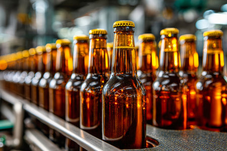 Rows of amber beer bottles glide down the production line in a brewery, showcasing the process of bottling craft beer in a bustling environment.の素材