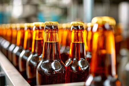 Rows of amber beer bottles are arranged on a conveyor belt in a brewery, highlighting the bottling process of craft beer in the making.の素材