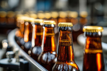 Dark glass bottles with gold caps move along a conveyor belt in a brewery, ready for packaging and distribution during production.の素材
