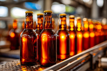 Amber beer bottles are arranged neatly on a conveyor belt in a brewery. The sunlight highlights their vibrant color, showcasing the beer-making process.の素材