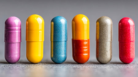 Six vibrant capsules in various colors are aligned neatly on a textured surface, showing their shiny exterior under bright light.の素材
