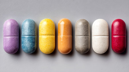 A vibrant display of capsules in various colors lines up on a neutral gray background, emphasizing their unique shapes and glossy finishes, inviting curiosity.の素材