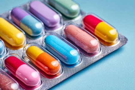 Brightly colored capsules are displayed in a blister pack against a soft blue background, showing their diverse shapes and hues used for health.の素材