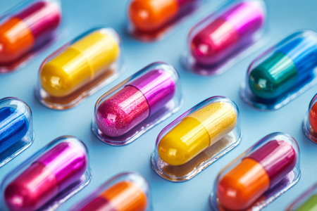Brightly colored capsules are placed in neat rows on a light blue surface, showing various vibrant hues under good lighting conditions.の素材