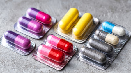 Various capsules in bright colors are displayed in blisters on a gray textured surface, highlighting their vibrant appearance and potential medical benefits.の素材