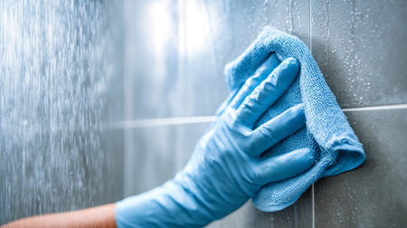 Hands in blue gloves wipe a shower wall using a microfiber cloth. The well-lit space features light-colored walls and a detailed background.の素材
