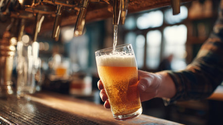 Hands pour golden beer into frosted pint glasses at a cozy bar. Wooden decor surrounds the lively atmosphere, perfect for enjoying a refreshing drink.の素材