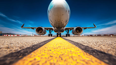 An prepare airplanes for takeoff on the runway, with the engines visible and the clear sky above, marking a busy day at the airport.の素材