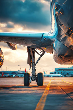 An prepare airplanes for takeoff at an airport during the evening. The focus is on the landing gear and the surrounding airport landscape.の素材