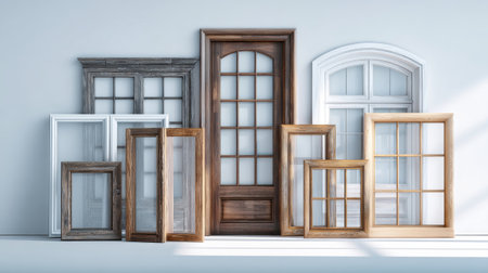 Different styles of wooden and plastic doors and window frames are arranged against a white background, emphasizing home interior design ideas and natural lighting.の素材