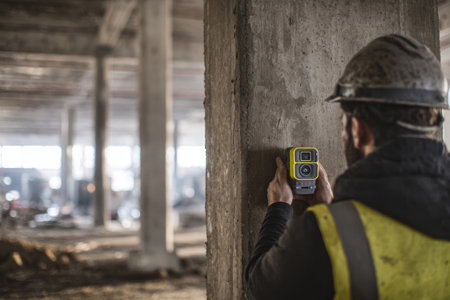A worker uses a laser level and rangefinder to measure details of a concrete column at a land development site for an industrial building.の素材