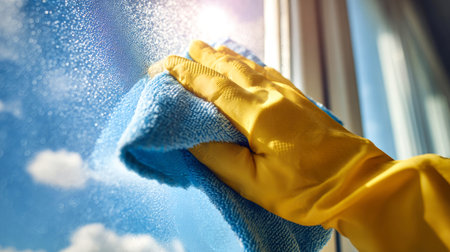 A man wearing yellow gloves washes a large house window with a blue rag, soaking in the sunlight and clear blue sky while focusing on his task.の素材