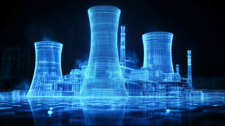 A glowing blue wireframe of a nuclear power plant with cooling towers and a reactor stands out against a dark backdrop, highlighting advanced energy concepts.の素材