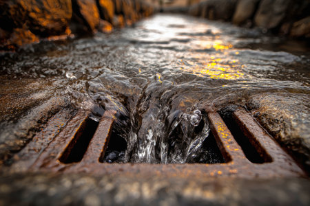 Water flows through a storm drain hatch, creating ripples as the sun sets, casting a warm glow on the surrounding pavement and rocks.の素材