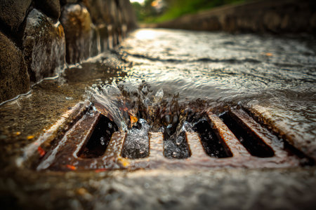 Rainwater streams swiftly into a storm drain hatch, showing the effective drainage system in an urban area during a rainstorm.の素材