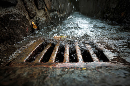 Heavy rain creates rippling water as it flows into a storm drain hatch, surrounded by wet pavement and a hint of autumn leaves.の素材