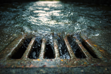 Rainwater collects and rushes through the metal storm drain hatch, creating ripples as it disappears underground after a heavy downpour in the city.の素材