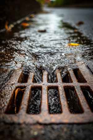 Rainwater flows into a storm drain hatch on a city street, showcasing the drain's function during wet weather with leaves nearby.の素材