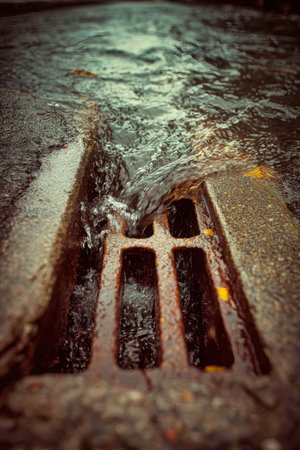 Water rushes through a storm drain hatch, creating ripples as rain falls nearby. The scene captures a typical urban setting following a heavy downpour.の素材