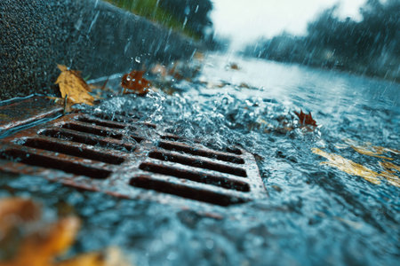 Heavy rain falls on a street, creating puddles around a storm drain hatch. Leaves float in the water, showcasing an autumn setting.の素材