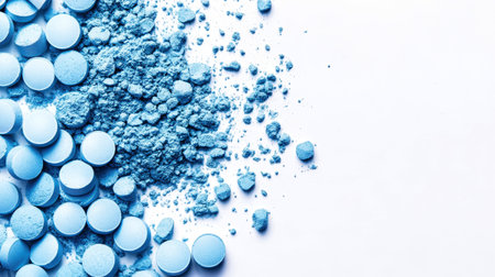 Soft blue tablets and a sprinkle of fine powder spread across a pristine white background, offering ample space for text and creative design elements to inspire artistic projects.の素材