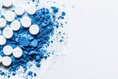 A collection of smooth white tablets is artistically arranged among vivid blue powder on a pristine background, evoking a sense of modern medicinal aesthetics.の素材