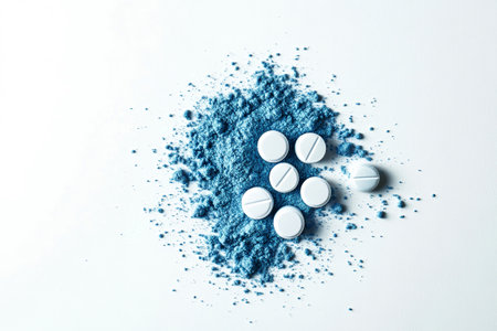 An eye-catching array of smooth white tablets on vivid blue powder, creating a stunning contrast against a clean white background that sparks imagination.の素材