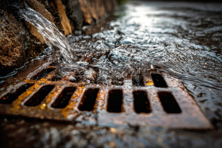 Water streams through a rusty storm drain hatch located in a city area, showing the aftermath of recent rain. The surrounding pavement is wet and glistening.の素材
