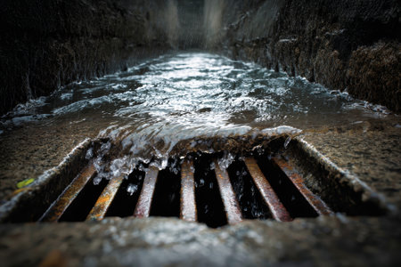 Rainwater flows rapidly into a storm drain hatch, creating ripples on the surface. The scene captures the intensity of a downpour in a city setting.の素材