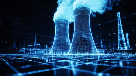 A detailed representation of a nuclear power plant in a wireframe style, featuring blue luminous lines and white smoke billowing from its towers in a dark setting.の素材