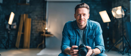 A smiling man in a denim jacket sits in a bright creative studio, holding a camera while surrounded by photography equipment and soft lights.の素材