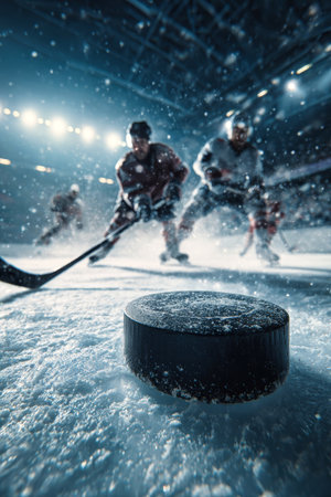 A hockey player shoots the puck on an ice rink with snow and ice flying around, creating a vivid scene under bright lights.の素材