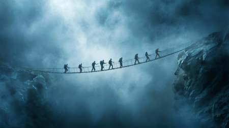 A group of people walk together on a rope bridge over a foggy canyon, holding hands as they demonstrate teamwork and collaboration to overcome obstacles.の素材