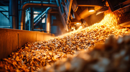 Automated bucket crane transports wood chips into a furnace at a biomass power plant, showcasing a clean, organized environment with warm lighting.の素材