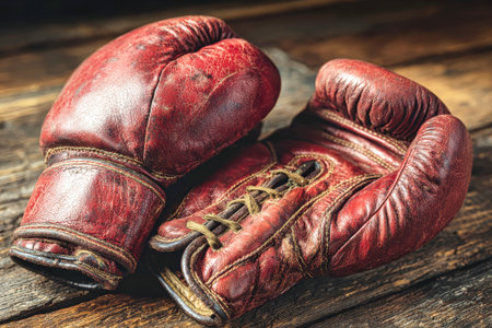 Boxing gloves lie on a wooden table after an intense training session at a gym on a typical evening. The gloves show signs of use from the activity.の素材