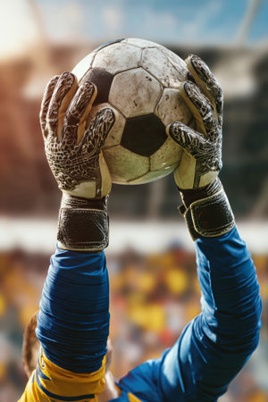 An adult goalkeeper holds a soccer ball over his head before making a save during a match in bright sunlight on the field. The background is blurred.の素材