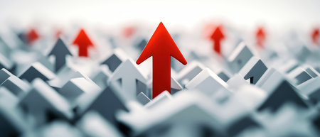 A prominent red arrow stands tall among a field of smaller gray arrows, symbolizing ambition and success in the business landscape, set against a white backdrop.の素材