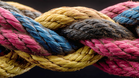 Multi-colored ropes intertwine to form a detailed knot against a black backdrop, emphasizing strength, unity, and connection between various elements or technology.の素材