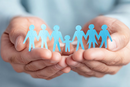Close-up of hands supporting blue paper human figures, emphasizing collaboration and community in a professional setting with a blurred background.の素材