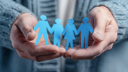 A man holds blue paper figurines in his hands, symbolizing connection and collaboration among individuals in a business environment. Rustic setting enhances the theme.の素材