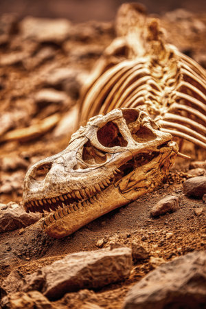 A dinosaur skeleton rests in the ground, surrounded by rocks and dirt. The scene captures high details and a golden-orange color.の素材