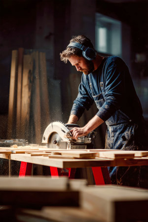 In a bustling workshop, a dedicated worker in dark blue overalls uses an electric circular saw to meticulously cut wooden boards, showcasing skill and concentration.の素材