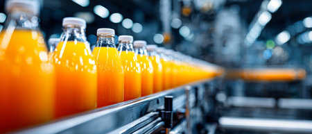 Bright orange juice bottles glide smoothly along a shiny stainless steel conveyor belt under bright studio lighting, showcasing a contemporary factory environment.の素材