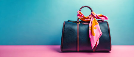 A dark, stylish travel bag with a sleek handle is beautifully complemented by a bright silk scarf, presented against a smooth pastel background.の素材