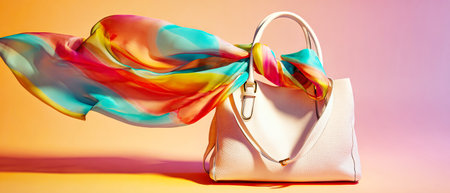 A stylish white handbag is enhanced by a flowing silk shawl, dancing in the breeze against a gentle pastel background, creating a serene and artistic scene.の素材